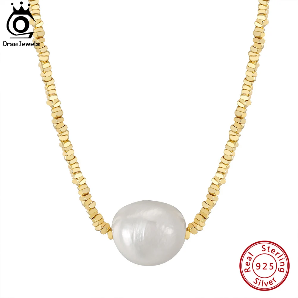 14K Gold JEWELS ORSA Sterling Sier Net Chain Necklace with Exquisite 11mm Freshwater Pearl for Women Jewelry GPN36 smile