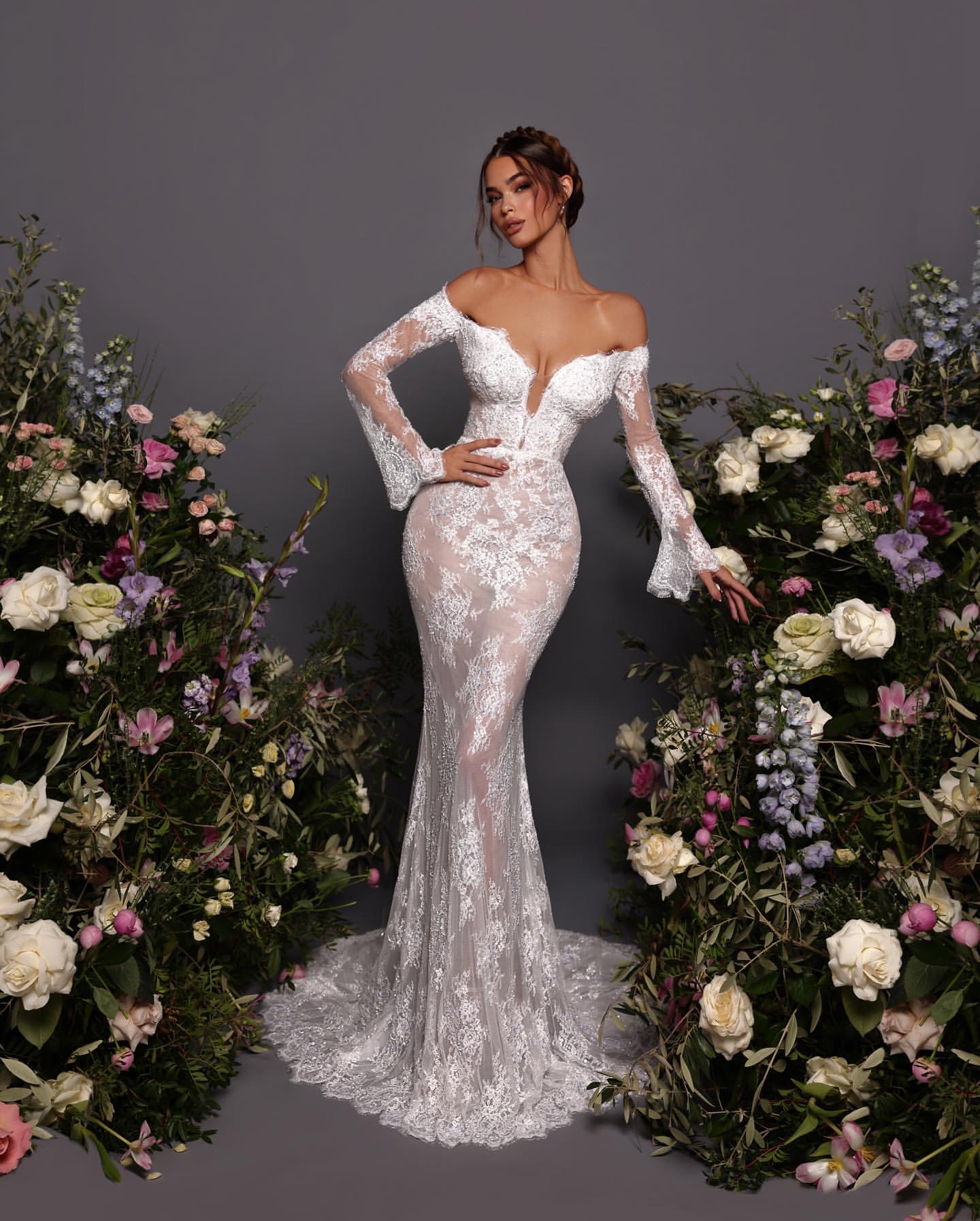 Garden lace Mermaid Wedding Dress for off shoulder long sleeves wedding dresses Bridal Gowns backless designer bride dress