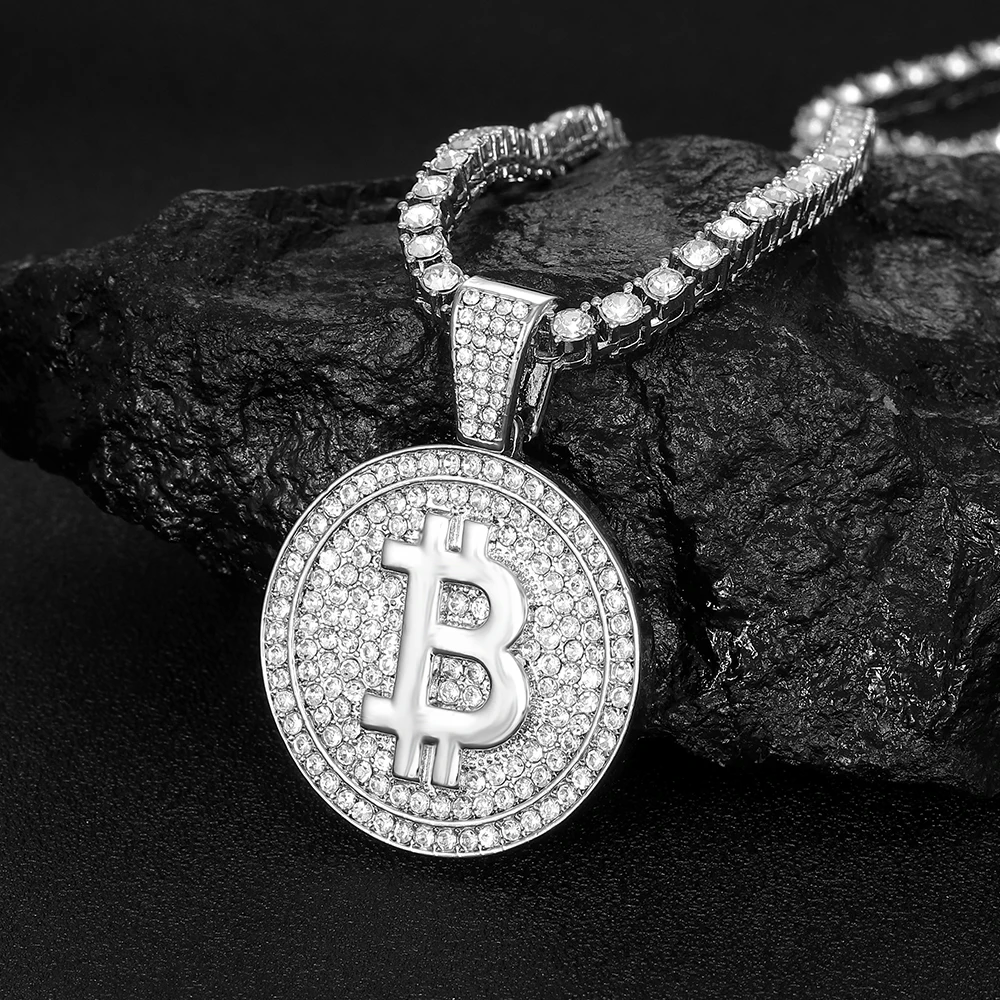 Out Bitcoin Pendant Iced Full Rhinestone Match Bling 4Mm ddmysmile Tennis Chain Necklace Choker Hip Hop Trendy Jewelry For Men And Women Smile