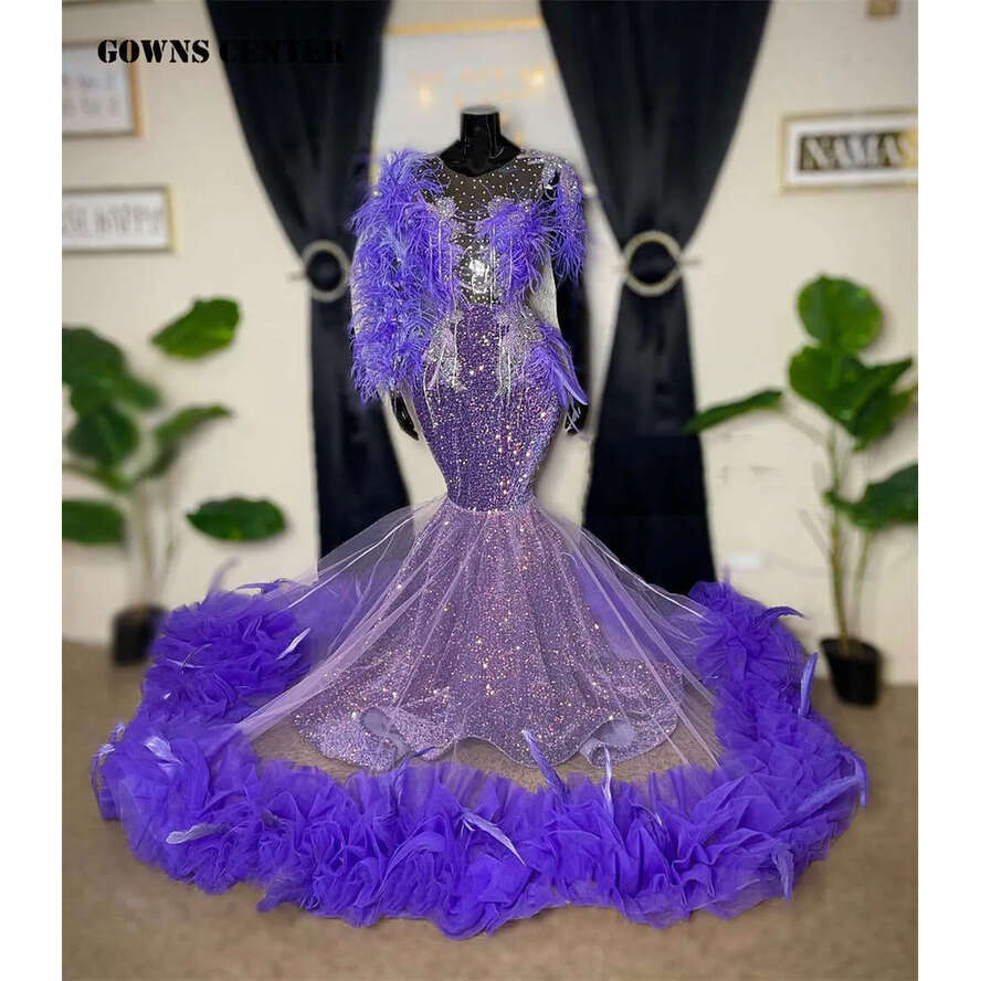 Purple Feathers Long Sleeve Sequin Evening For Black Girls 2024 Sliver Tassels Mermaid Formal Ocn Dresses