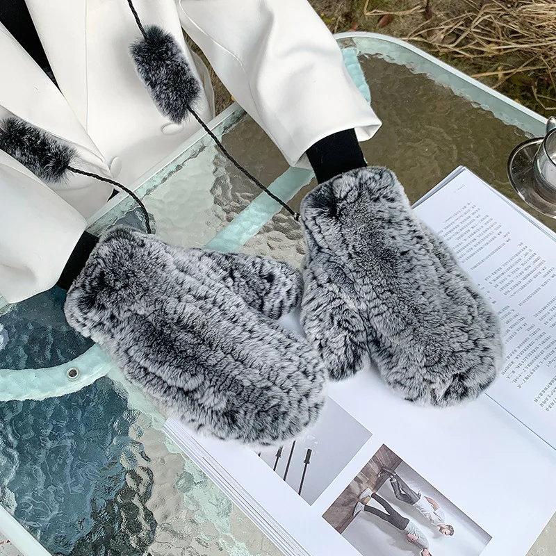 Real Women's Rex Winter Rabbit Fur Gloves Warm Thick Ladies Fur Mittens Elastic Girls Ski Glove Mitts Elastic Soft With String smile