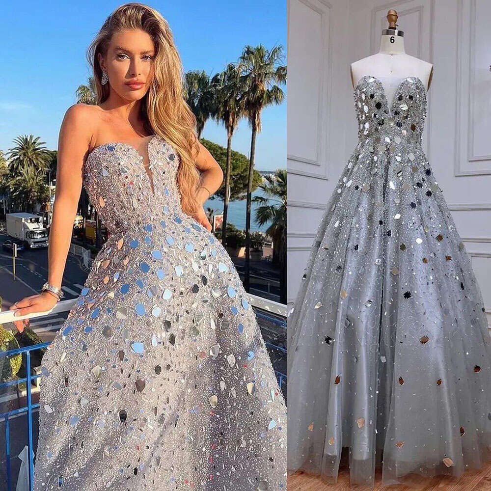 Grey Serene Hill A-E Elegant Evening Dress Off The Shoulder Beaded Crystal Sequins For Party La71644 Customized