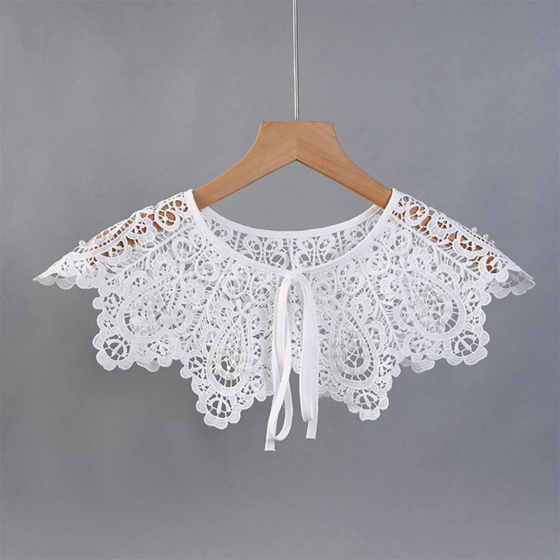 Out Women Crochet Hollow Lace Shawl Fake Collar Shiny ddmysmile Pearl Beaded Necklace Cape T8nb Smile