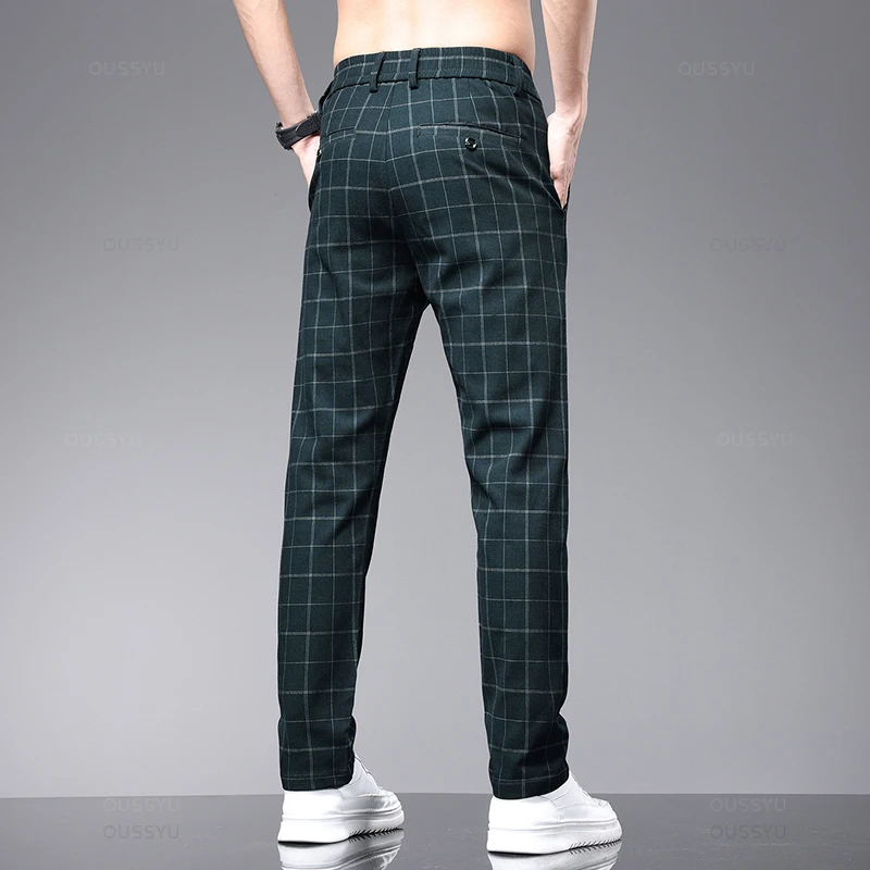 High-Quality Summer Spring Classics Plaid Work Stretch Pants Men Business Fashion Grey Green Party Retro Casual Trousers Male smile