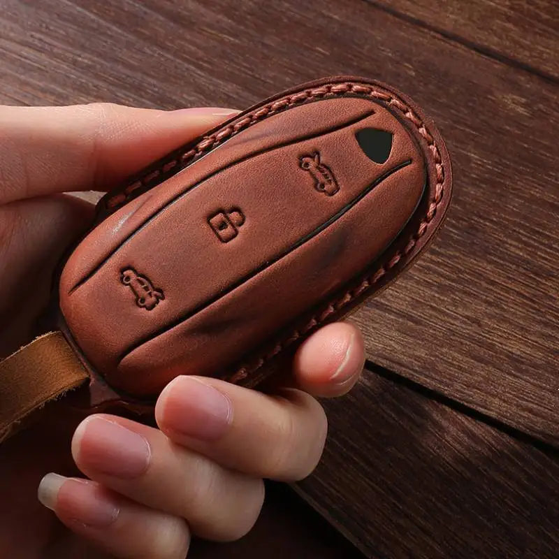 Horse Leather Crazy Retro Car Key Case Cover Keyring Holder for Tesla Model 3 Model X Model S Model Y Keychain Holder Fob Shell smile