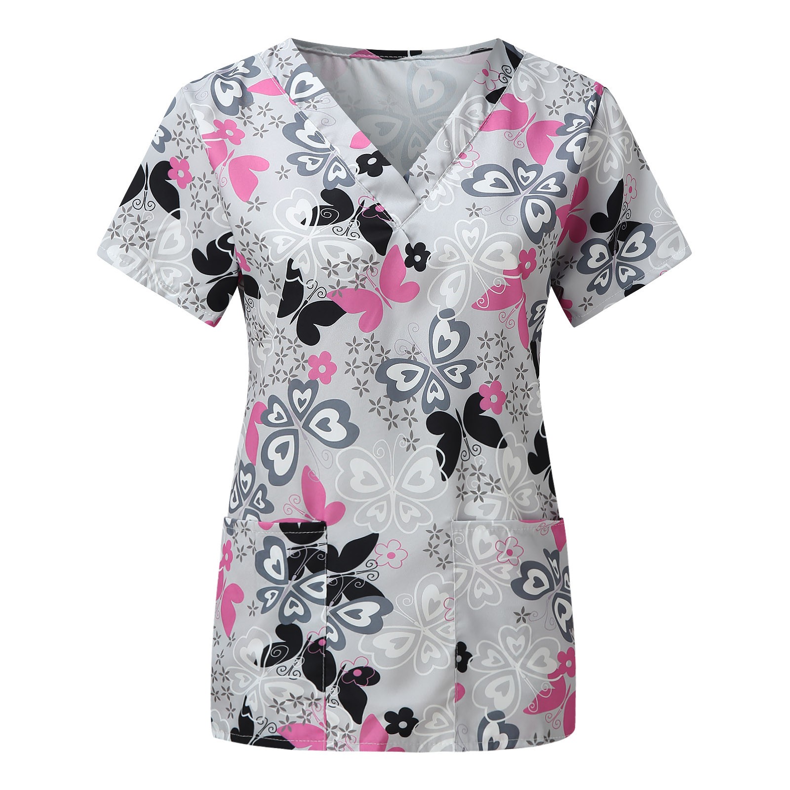 Working Uniform Women Printed Flower Butterfly Pocket Nurse Blouse Carers Short Sleeve Scrub Tops V-neck Healthcare Carer Tunic smile