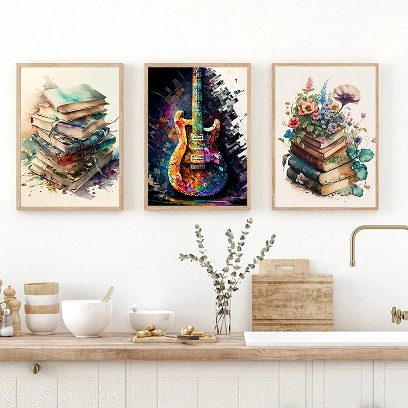 Watercolor Guitar and Books Poster Canvas Painting Modern Wall Art Picture for Living Room Study Office Home Decor Gift Idea