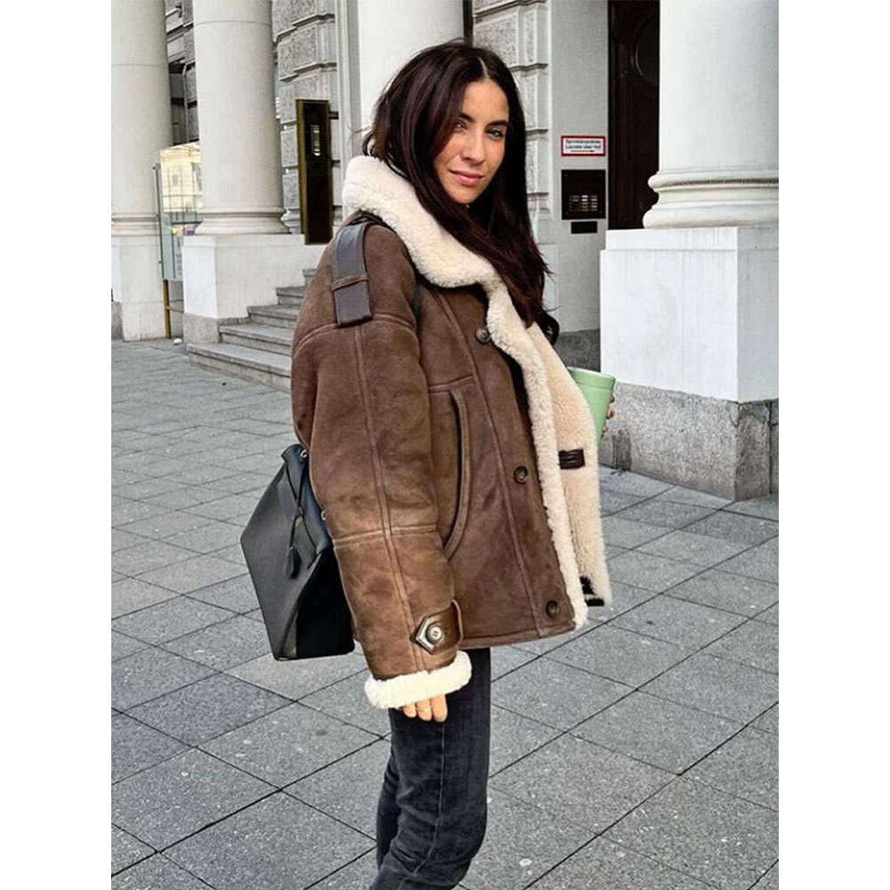 Women Lamb Wool Single Breasted Suede Jacket Elegant Long Sleeves Lapel Thicken Cropped Coat Fashion Ladies Commute Outerwear