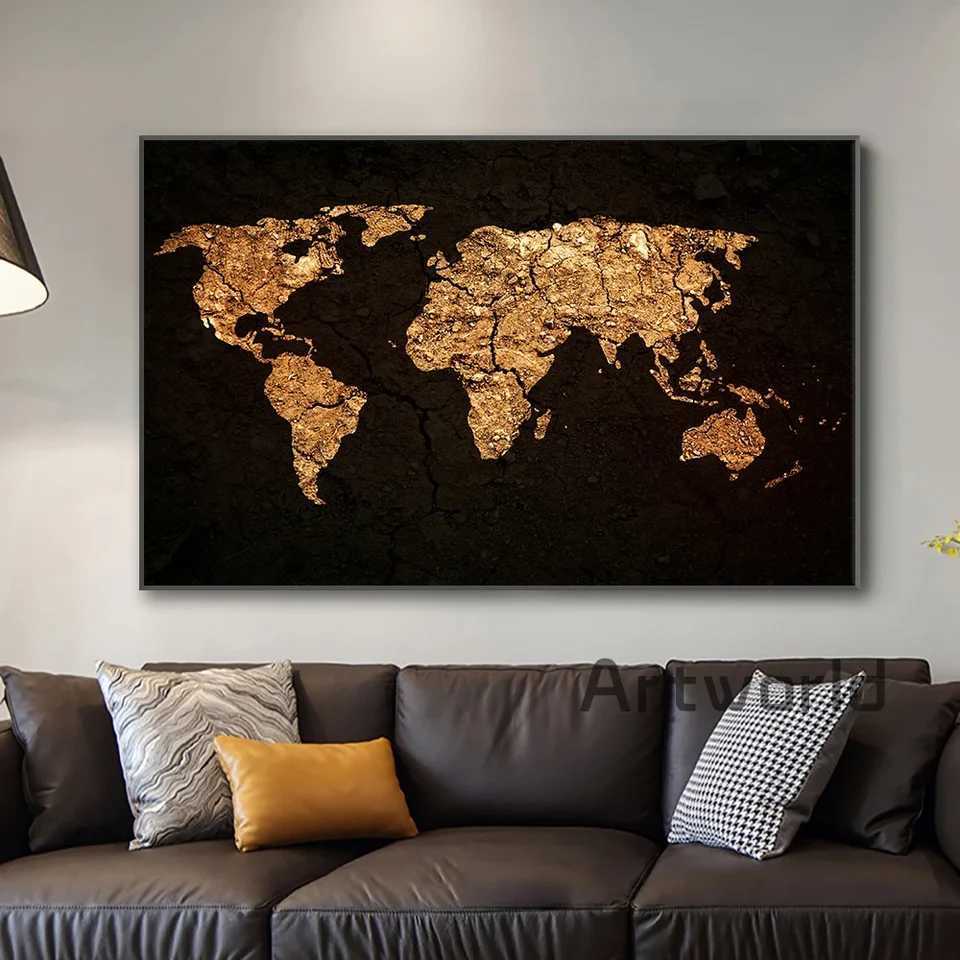 Elegant black and gold world map canvas art premium global design used for living room wall decoration luxury home decoration W241109