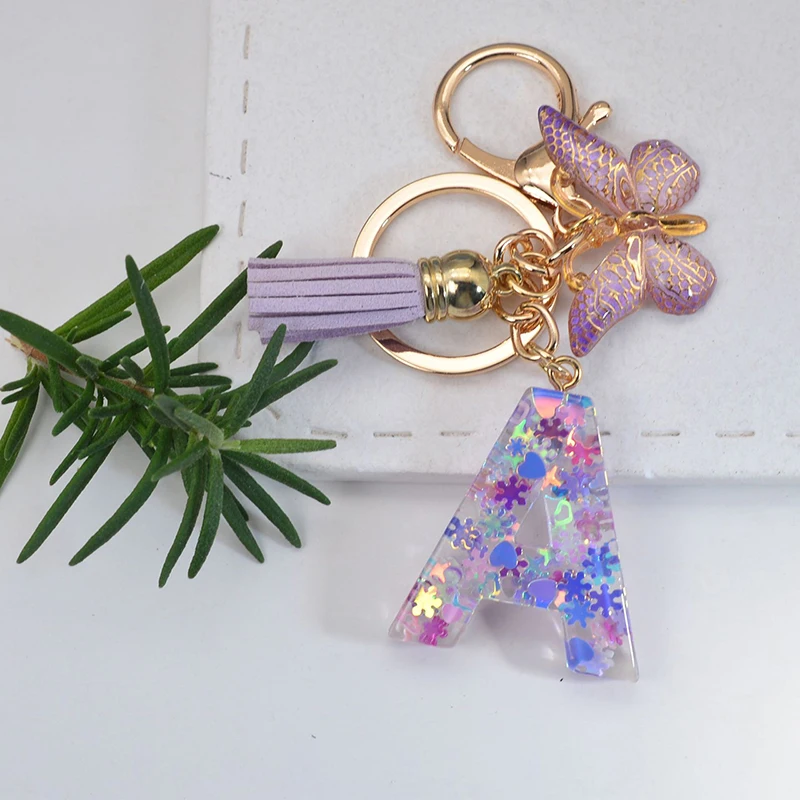 fa ba Letter Butterfly Sequin A Z Shiny Keychain Resin Couple Initial Purple Stars Filled Pendant Keyrings Bag Car Key Charm Ornament