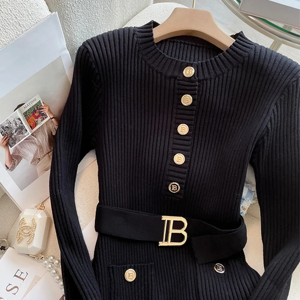 Autumn Winter Women Knitted Dress Fashion O-neck Buttons Bodycon Sweater Dress with Belt Lady Office Dress 241108