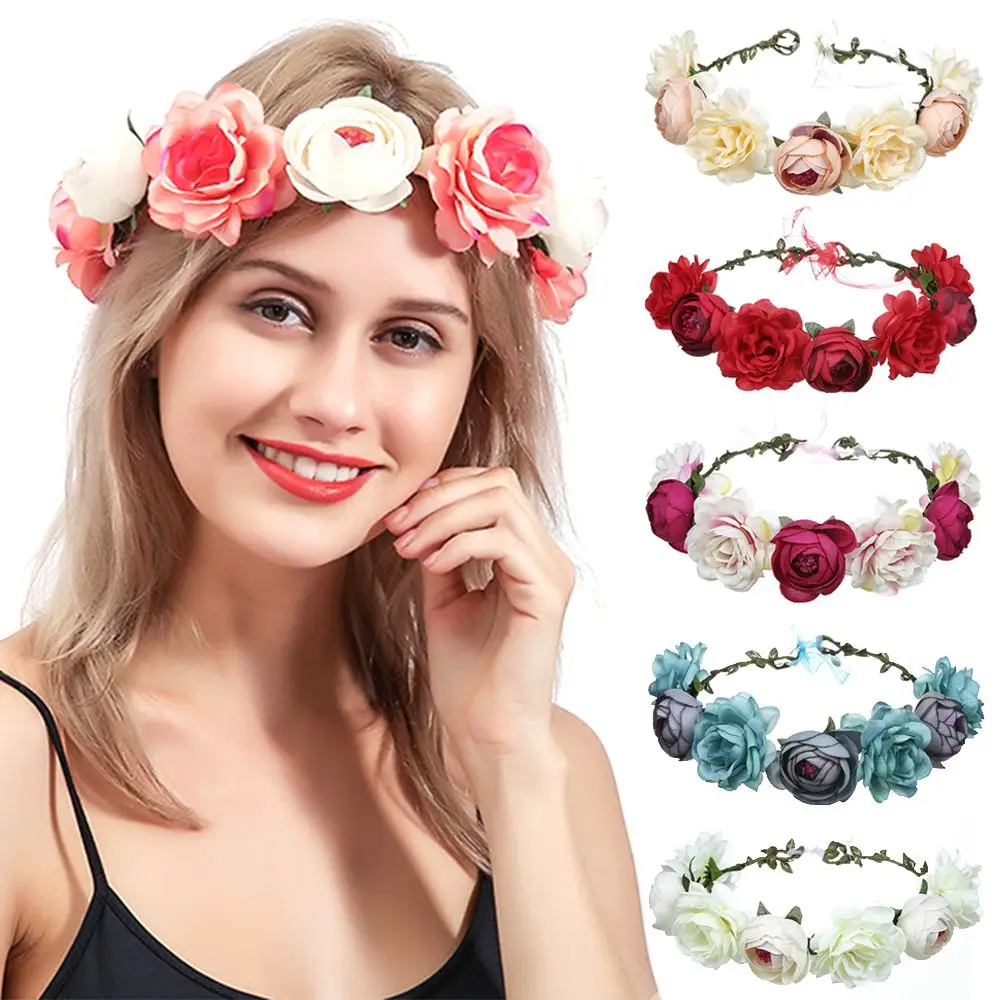 Bohemia Women Flower Wedding Crown Headbands Hair Wreath Bridal Garland Festivals Hair Accessories Photo Props Party Headwear smile