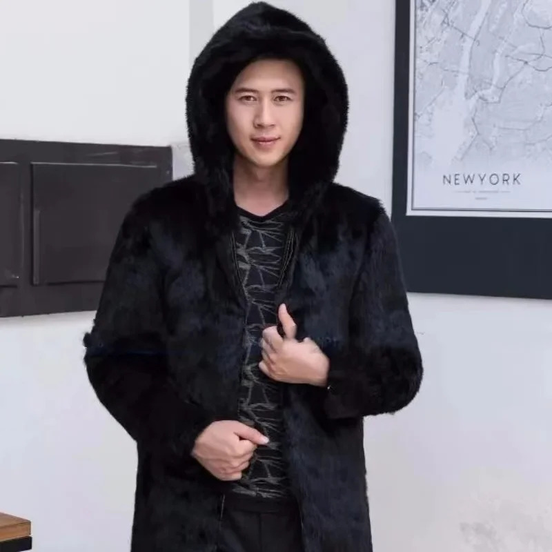 Mens True Rabbit Fur Coat Full Leather Medium to Long Fur Coat Mens Hooded Coat Loose Coat Exterior W250 241108
