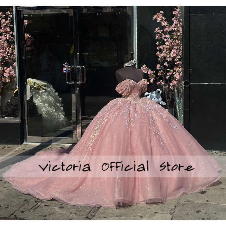 Pink Blush Beaded Quinceanera Dresses Puffy Ball Gown Off Shoulder Birthday Lace Up Sweet Dress Vestido De