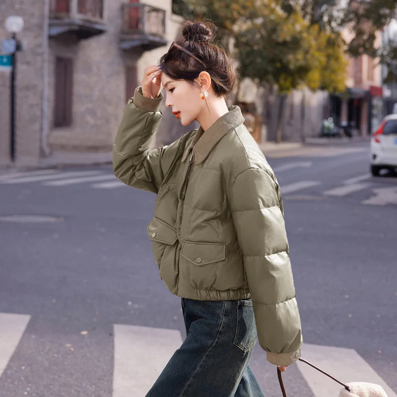 Womens down jacket vintage collar jacket brown PU leather shorts Korean loose winter jacket womens clothing 241108