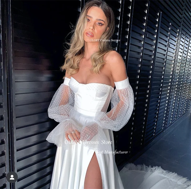 Line OLOEY Elegant A Puff Long Sleeves Wedding Dresses Puff Long Sleeves Dotteed Split Court Train Bridal Gowns Robee de mariage smile