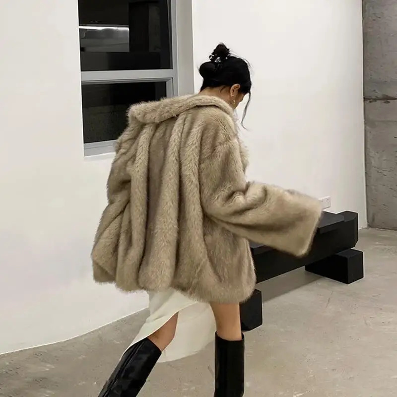 Artificial fox fur coat womens winter warm cardigan Lambswool medium long lapel loose plush coat oversized teddy jacket 241107 - view 3