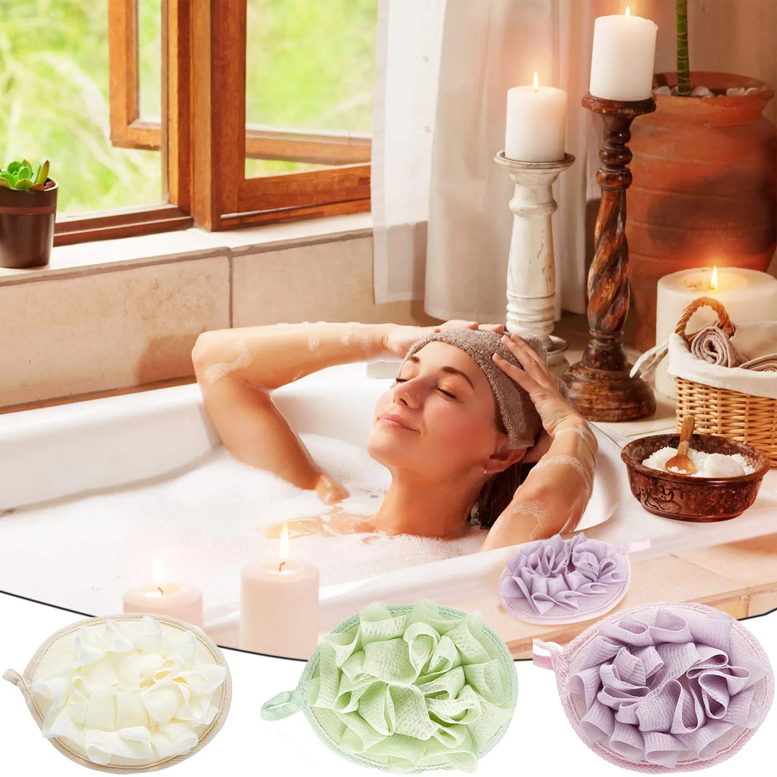6 Pieces Bath Shower Loofah Sponge Mesh Pouf Shower Ball Exfoliating Body Loofah Pad Ball Shower Glove With Flower Bath Ball