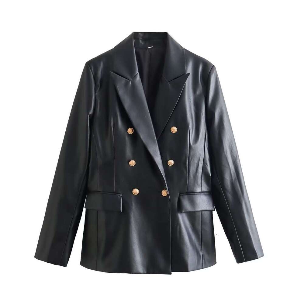 shanshi leather jacket women Autumn new women's versatile metal double breasted pocket long sleeved PU leather slim fit suit jacket