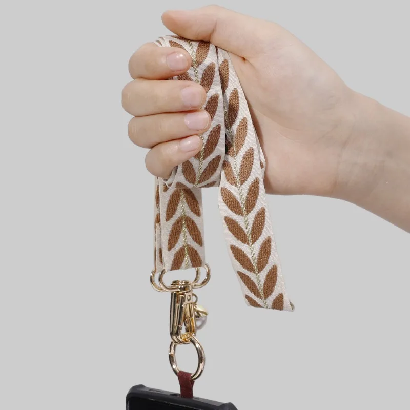 Long Adjustable Crossbody Mobile Phone Lanyard Wide Cloth Neckband Strap Hanging Pearl Anti-Lost Shoulder Phone Chain with Clip