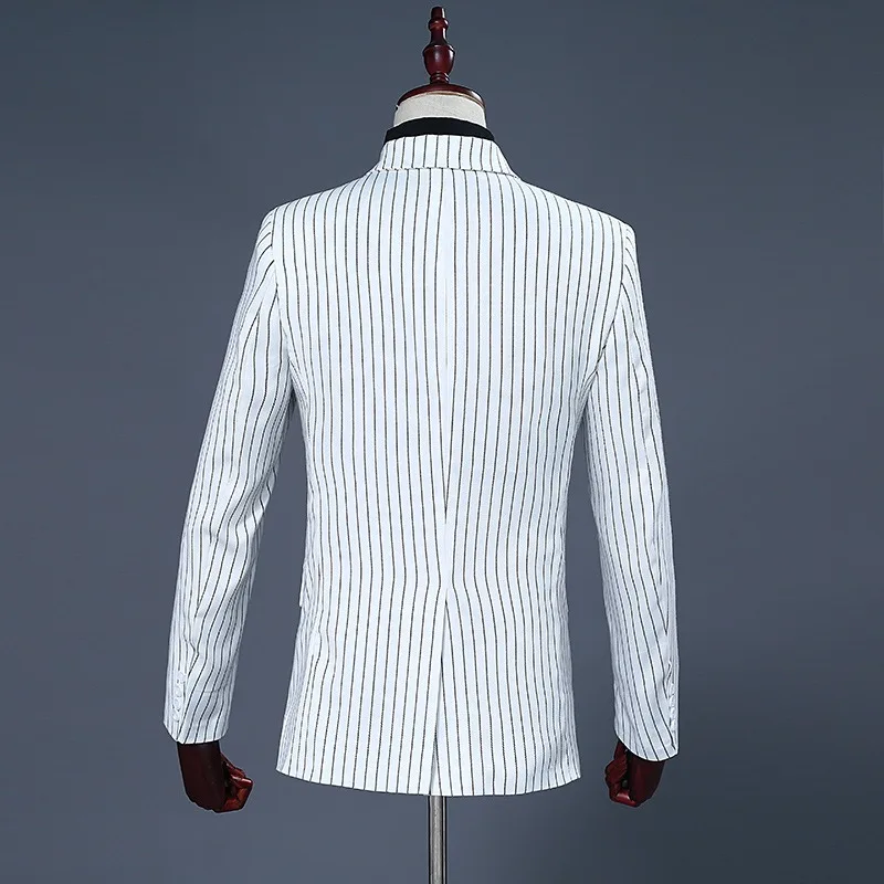 Men's White and Black Stripe Groom Dresses Performing Suits Double Breasted Smart Casual Men Suit Slim Fit White Regular Blazers