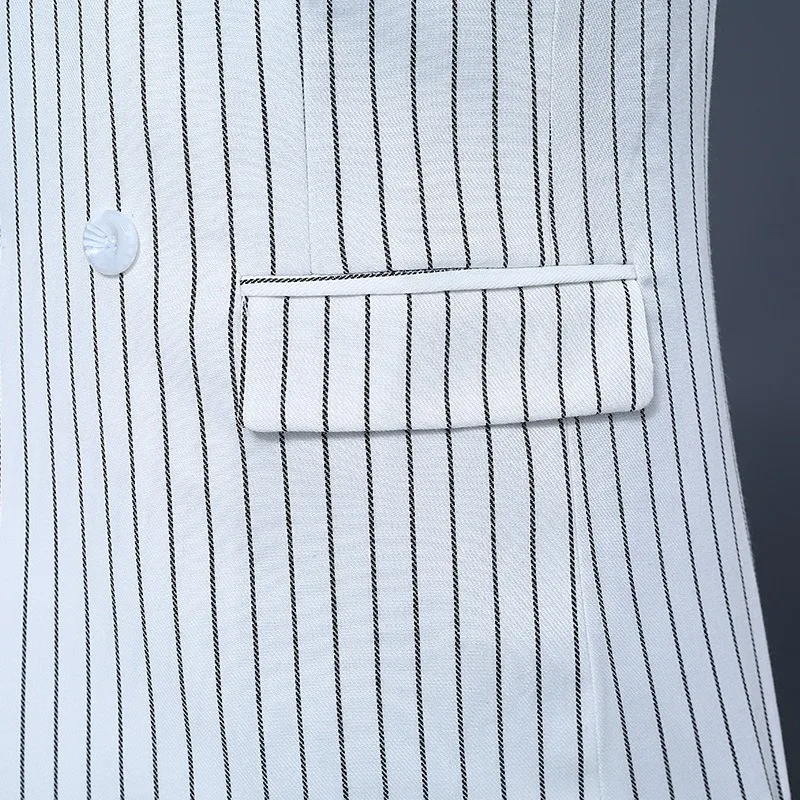 Men's White and Black Stripe Groom Dresses Performing Suits Double Breasted Smart Casual Men Suit Slim Fit White Regular Blazers