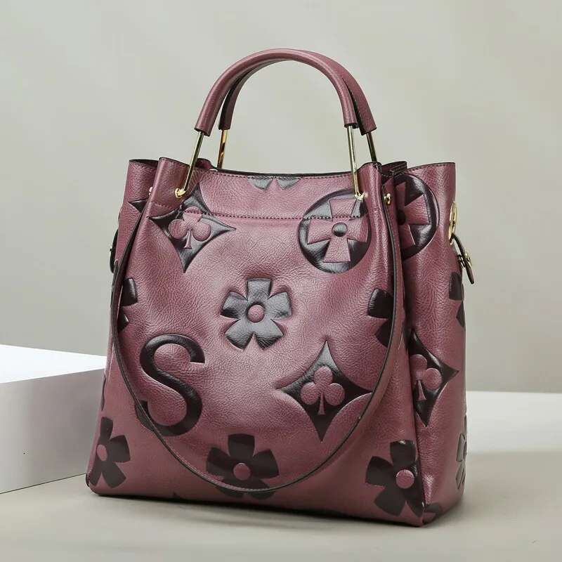 New Fashion PU Leather Textured Emed Pattern Bucket Bags Designer Large Capacity Women's Handbag Shoulder Bag