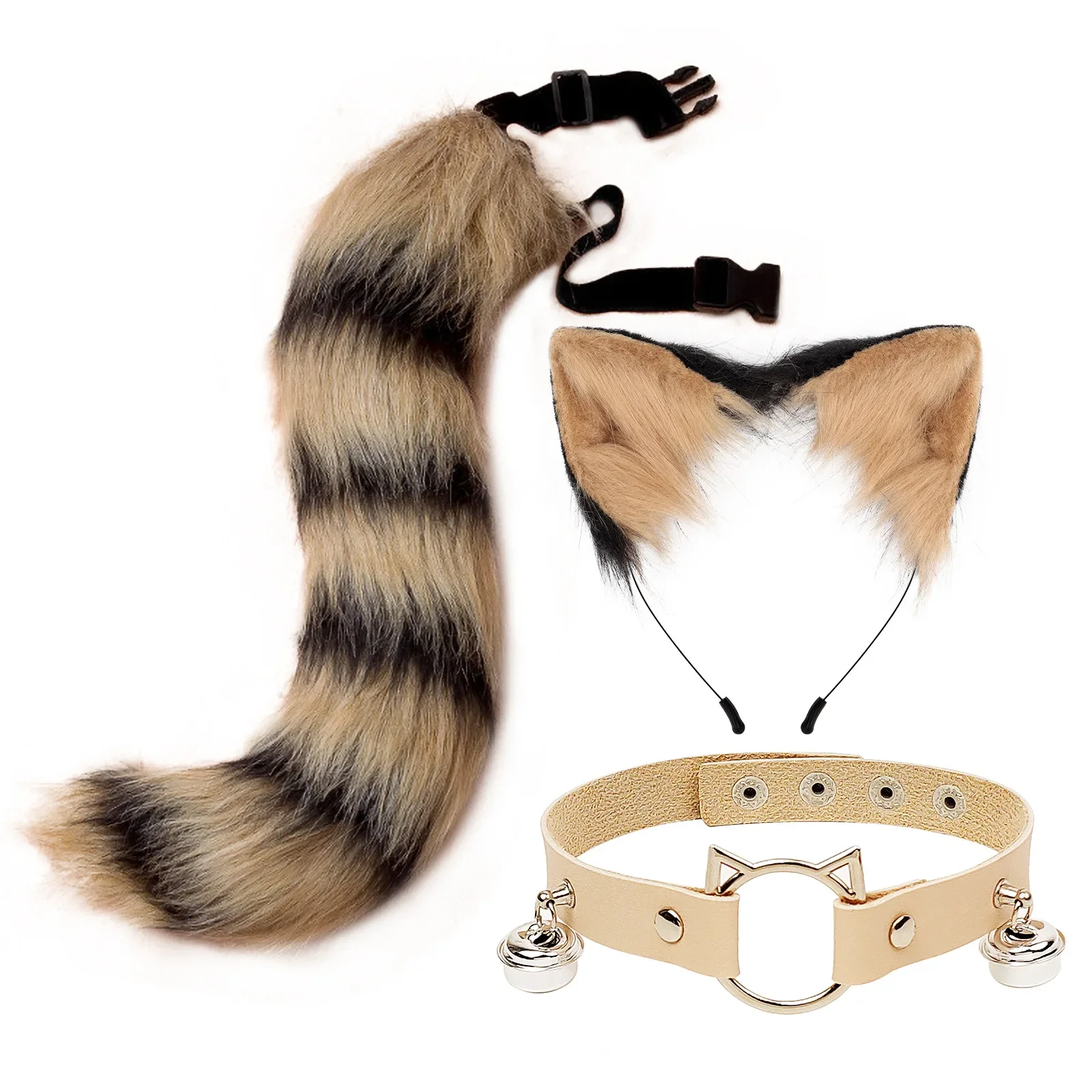 Handmade Furry Cat Kawaii Ears and Tail Set Wolf Fox Hair Clip Faux Fur Leather Neck Choker Halloween Party Cosplay Set Gift Bag smile