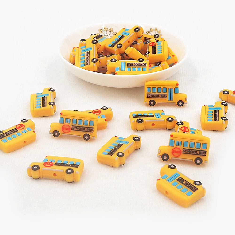 Chenkai 10pcs School Bus Shaped Beads Baby Silicone Teething BPA Free Infant Chewable Dummy Necklace Pacifier Toy Accessories