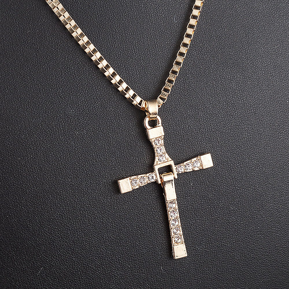 Fast and Furious Movies Actor Dominic Toretto Rhinestone Cross Crystal Pendant Chain Necklace Men Jewelry