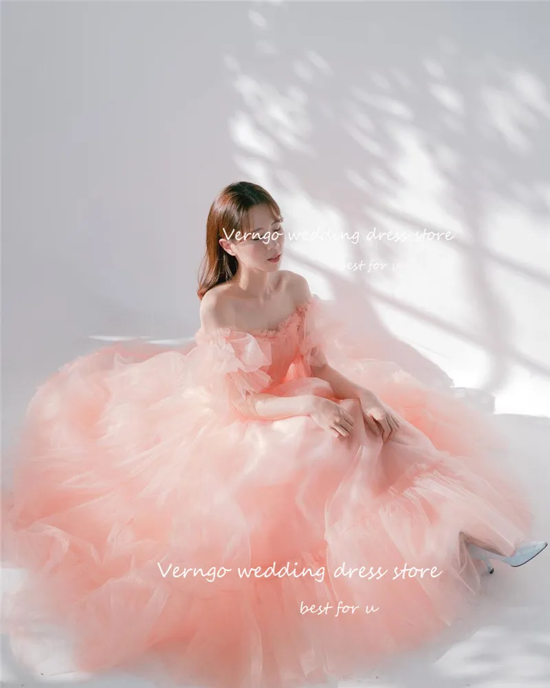 Fairy Tulle 2023 Verngo Blush Pink Tulle Prom Dresses Korea Lady Short Sleeves Floor Length Simple Evening Gowns Party Dress smile