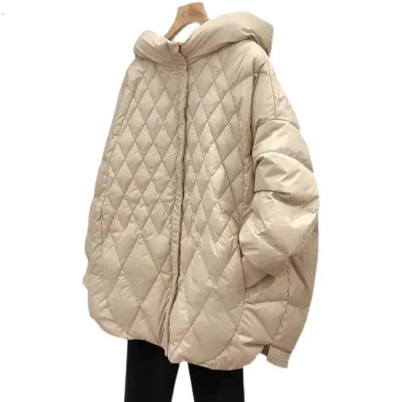 white duck down jacket womens hooded sweatshirt large diamond checkered art loose fit large-sized medium length jacket 241108