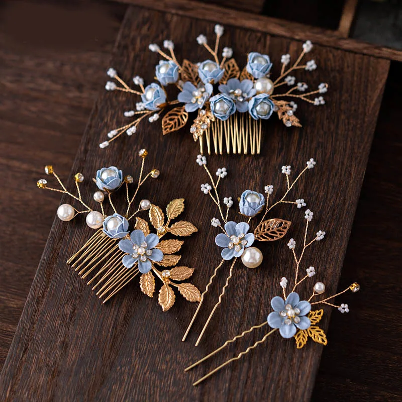 4PCS Hair Comb Wedding Flower Leaves Hair Pin Combs Romantic Crystal Bridal Clips Gold Color Leave Wedding Hair Accessories smile