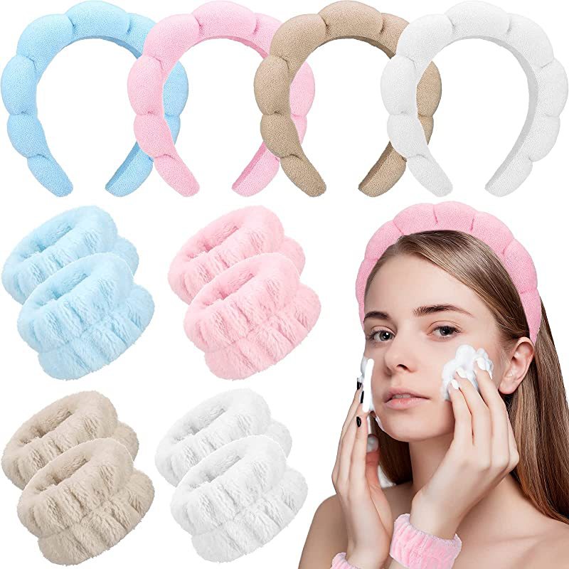 Spa Headband for Washing Face Wristband Set Sponge Makeup Skincare Headband Wrist Towels Bubble Soft Get Ready Hairband for Wome