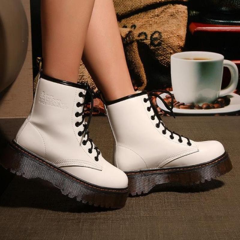 Leather Martin Boots Thick Sole 5cm Women High Top Platform Ankle Boots Winter Autumn Front Lace-up Waterproof Motorcycle Boots