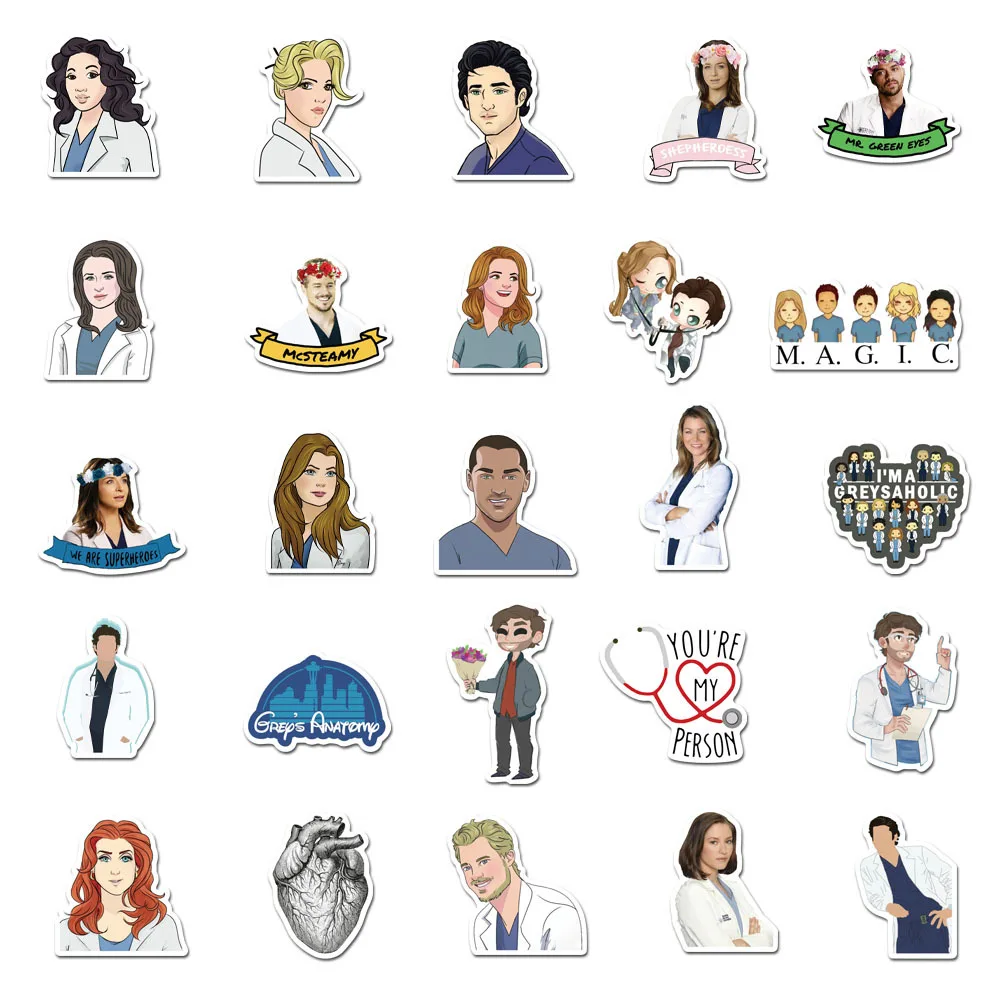 10/50PCS TV Show Greys Anatomy Funny PVC Scrapbooking For Luggage Laptop Phone Decals DIY Album Cute Doctors Stickers