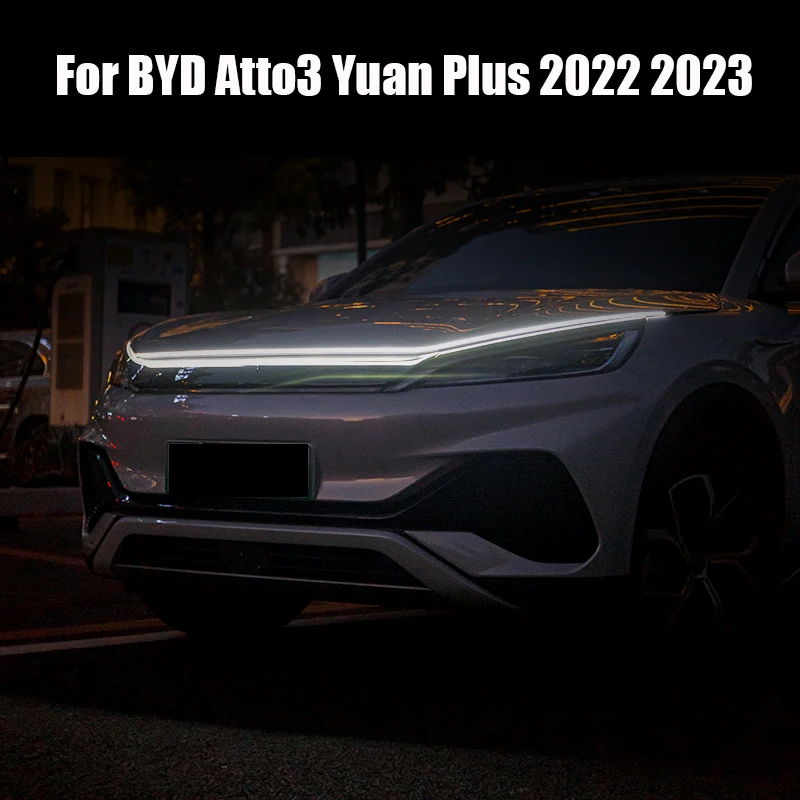 For BYD Atto3 Yuan Plus 2022 2023 Automotive hood through type daytime running light dynamic LED grille atmosphere light strip