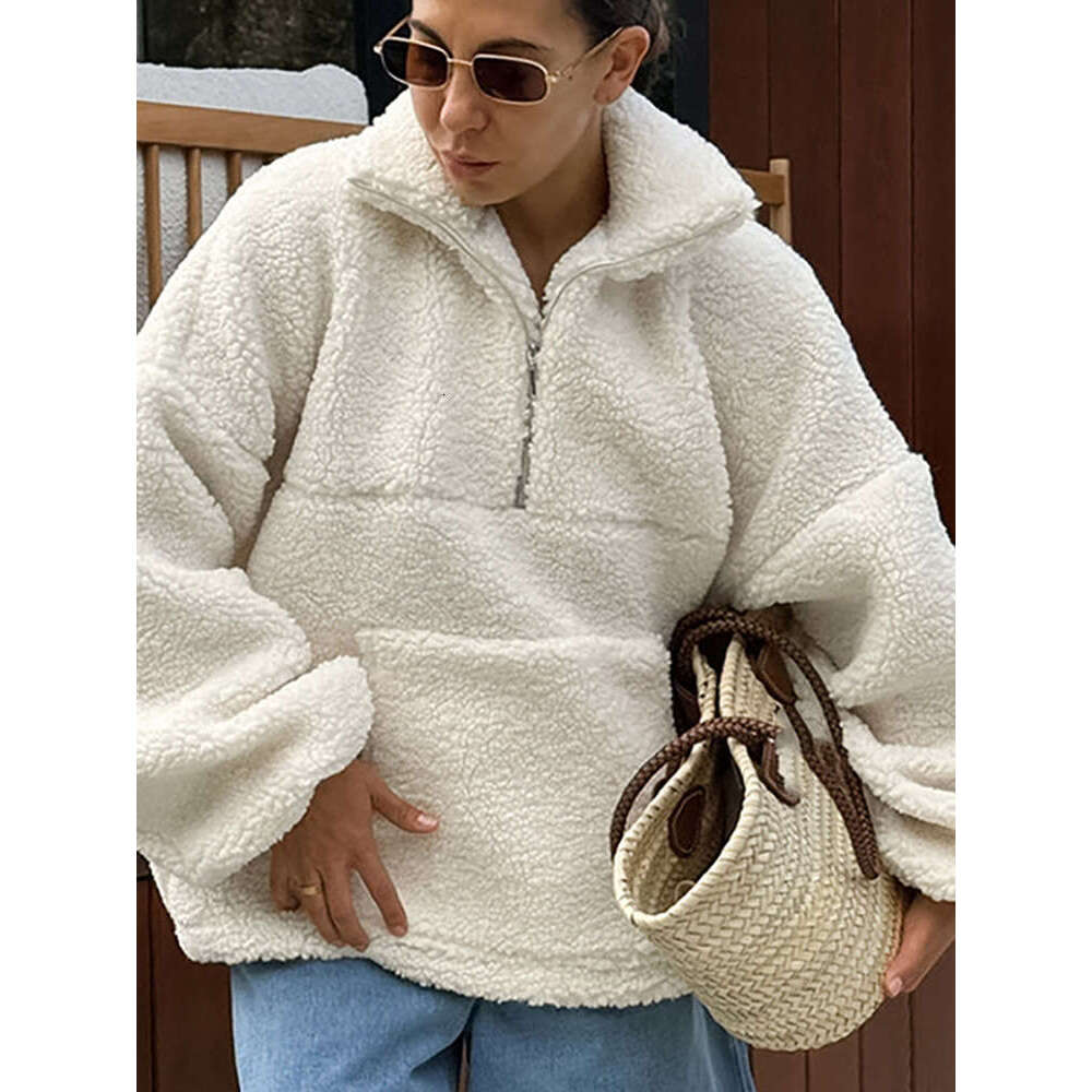 Elegant White Fleece Sweatshirt For Women Oversized Zippers Long Sleeve Pullover 2024 Autumn New Lady Casual Street Outwear