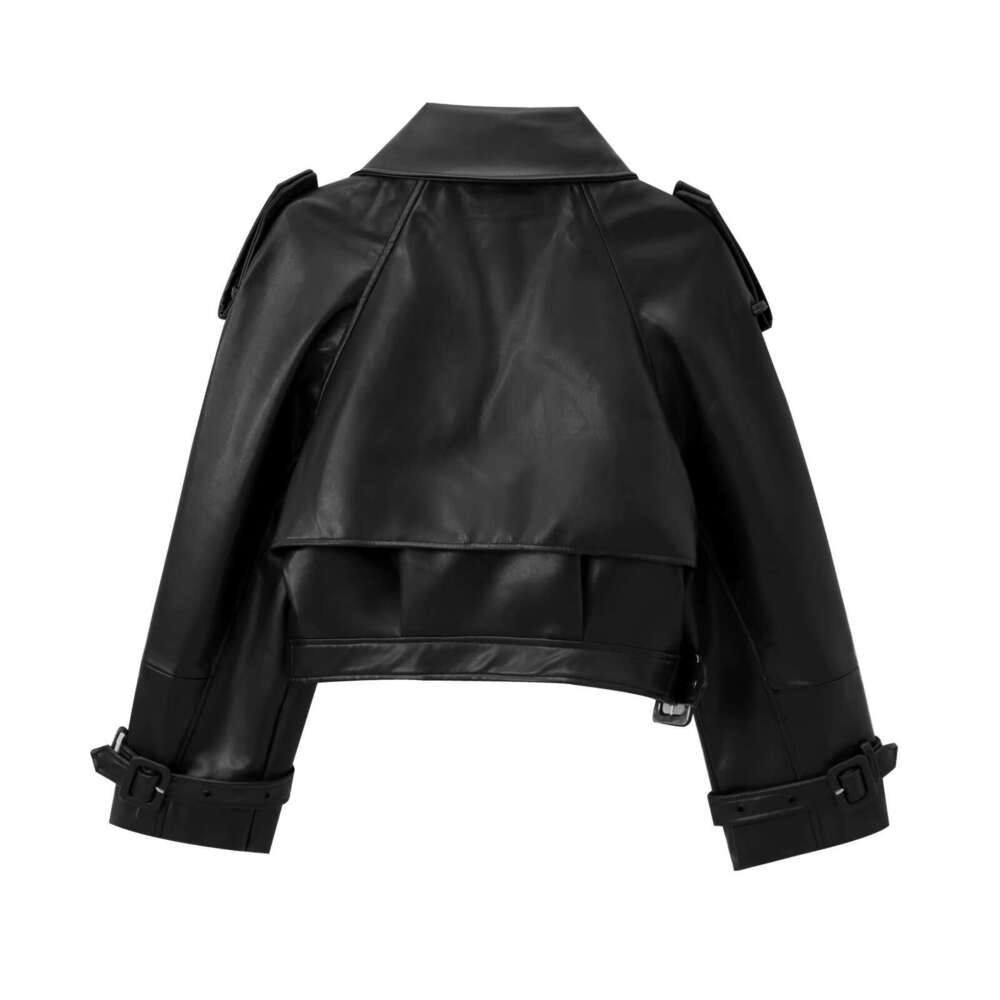 shanshi leather jacket women Women's autumn/winter fashion show silhouette shoulder motorcycle style lapel leather jacket