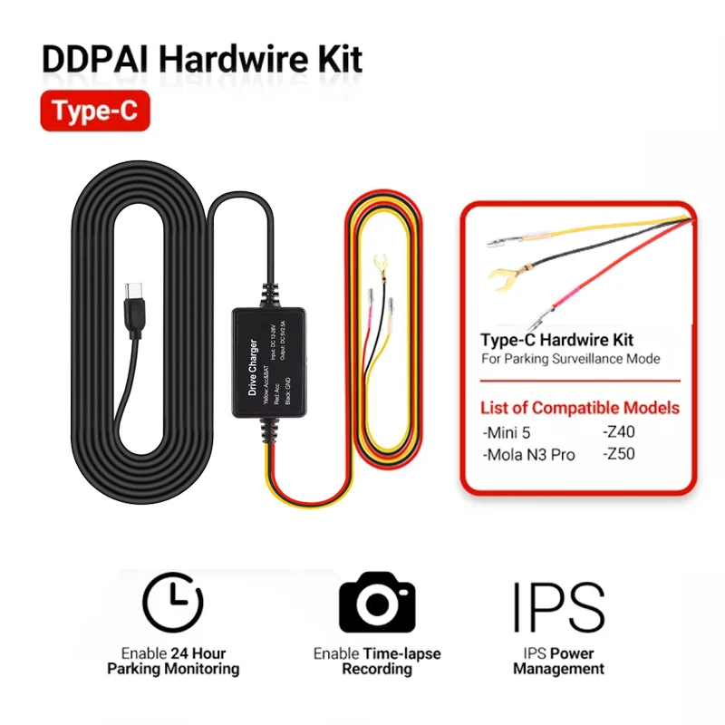 for DDPAI Mini 5 12/24V Type-C USB Car Charger 4M Hard Wire Hardwire Kit for DDPAI Mini 5/ Z40 / Z50 / Mola N3 Pro Dash Cam