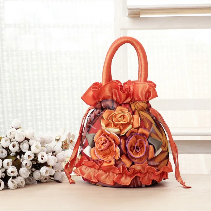 Handbag Purse Hand-Ed Coin Mobile Phone Bag ddmysmile Lace Fabric Bag Ethnic Style Handbag Drawstring Bucket Bag Flowers Smile