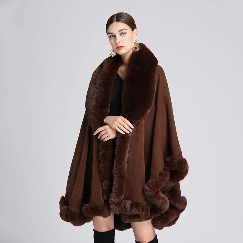 Faux Elegant V Lapel Rex Rabbit Fur Coat Cape Winter Women Big ddmysmile Long Shawl Full Trim Fur Knit Cloak Overcoat Long Faux Fur Coat Smile