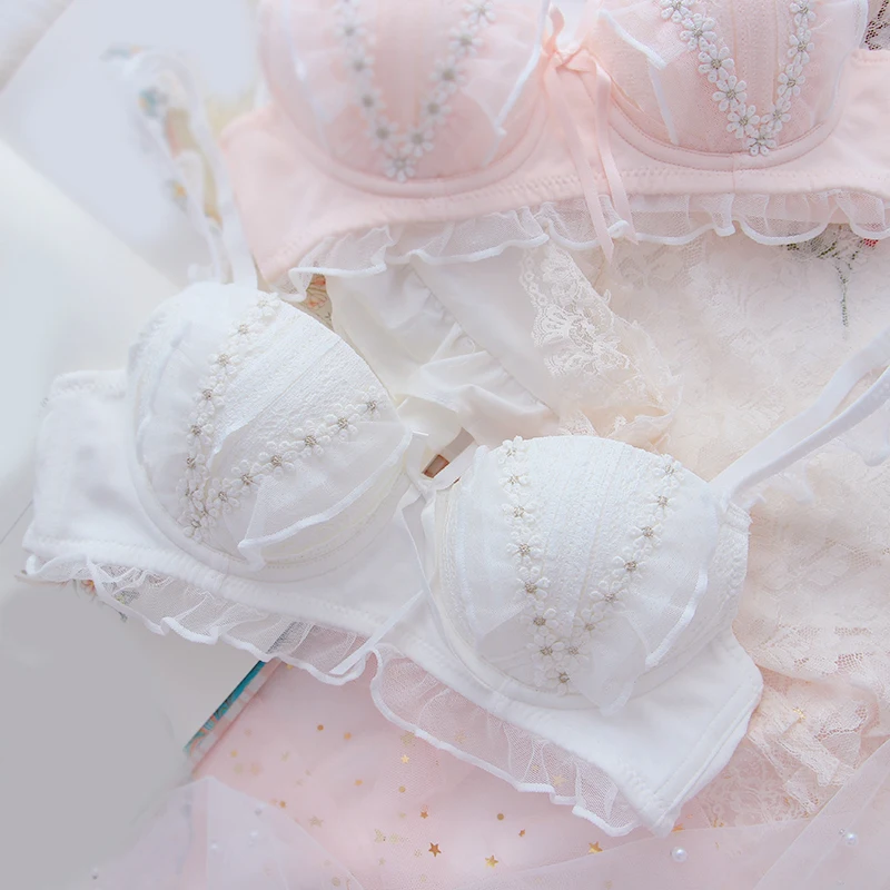 White 1set Japanese Pink/ Style Flower Pattern Girls Sweet Underwear Student Kawaii Bra Underpant Suit Girl Gift smile Pink/