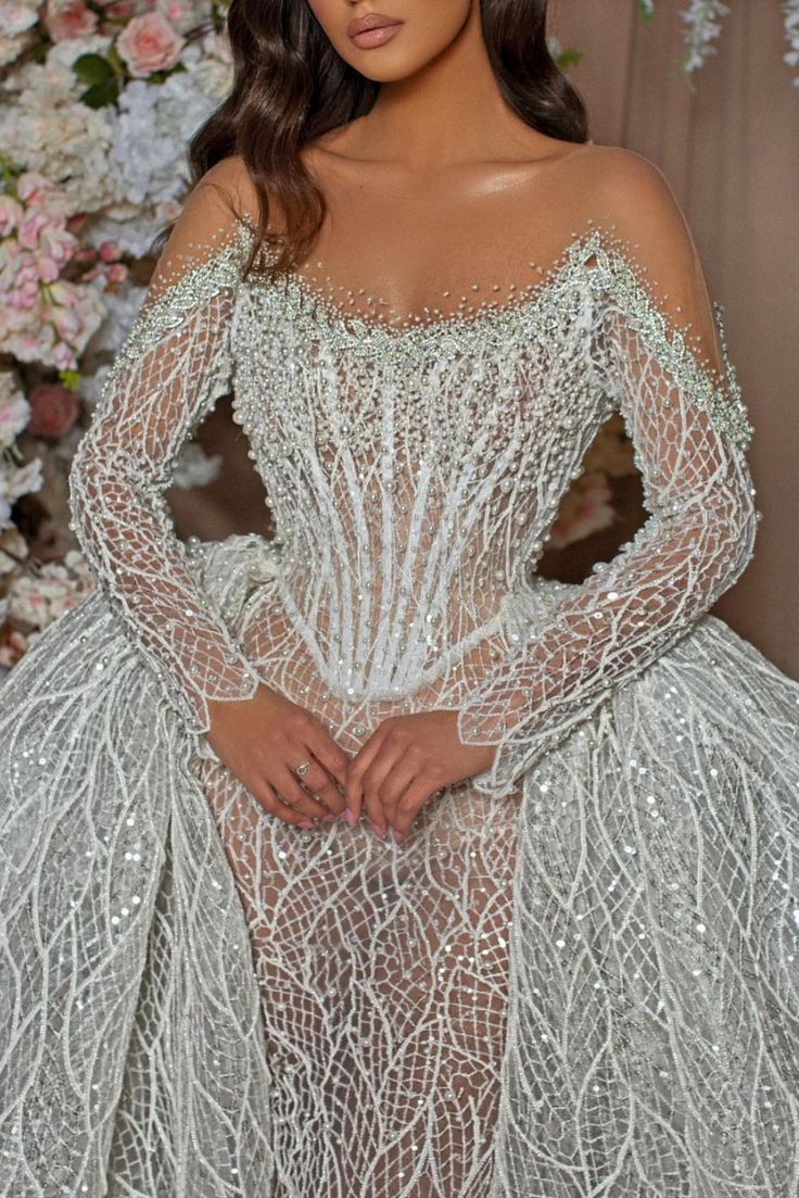 Glamorous Mermaid Wedding Dresses Sparkly Lace Pearl Sequins Backless Long Sleeves Sweep Train Bridal Custom Custom Made Plus Size Bridal Gown Vestido