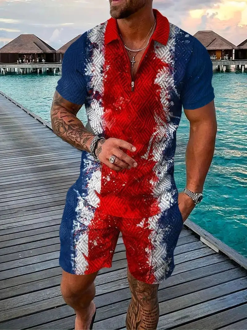 mens summer sports vacation set street leisure beach clothing 3D plaid patchwork short sleeved POLOshorts 2piece 240409