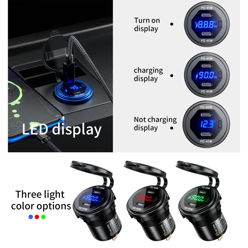 Dual 45W Metal USB C Type C PD Fast Car Charger with Voltage/Power Display for SUV Motorcycle Truck Boat Bus RV ATV smile