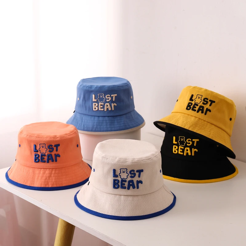 Reversible Bucket Hat Baby Cute Bear Embroidered Children Boys Girls Fisherman Cap Spring Summer Outdoor Kids Beach Sun Hats smile