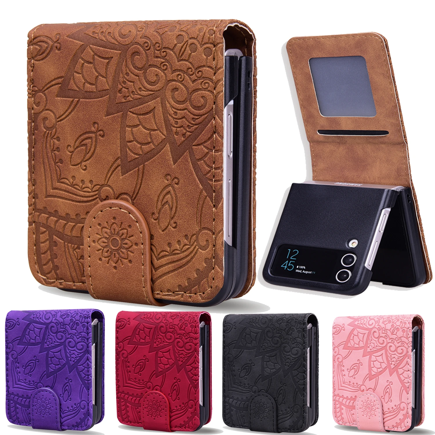 Leather Holder Wallet Card Phone Case for Samsung Galaxy Z Flip 5 4 3 5G Flip4 5G Flip3 Matte Feeling 3D Eming Cover Fundas smile