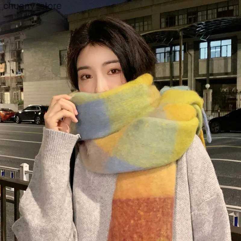 Scarves Rainbow Plaid Scarf For Women Autumn-Winter Premium Color Matching Fringe Mohair Thickened Shawl 24W027 L240910