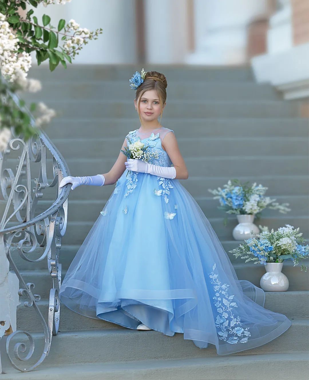 Baby Blue Flower Girls Dresses Butterflies Appliques Girl Pageant Gowns Toddler First Communion Dress Floor Length Kids Formal Wear 0616